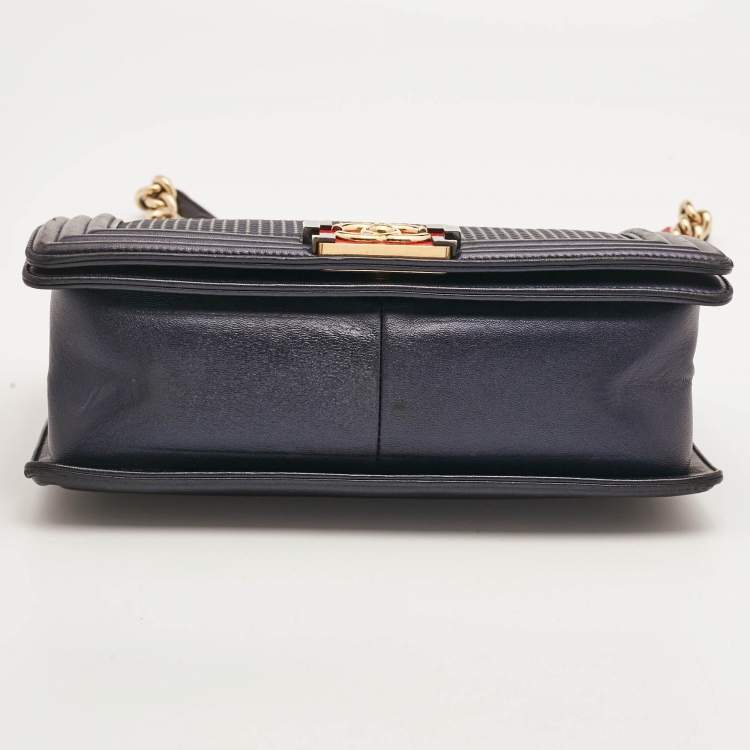 Pre Owned Chanel Navy Blue Cube Embossed Leather Medium Boy Flap Bag