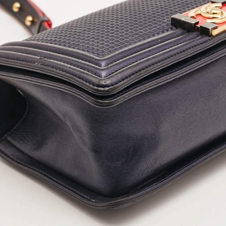 Pre Owned Chanel Navy Blue Cube Embossed Leather Medium Boy Flap Bag
