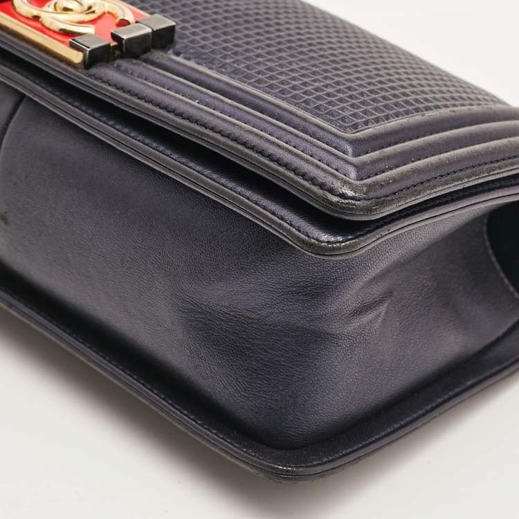 Pre Owned Chanel Navy Blue Cube Embossed Leather Medium Boy Flap Bag