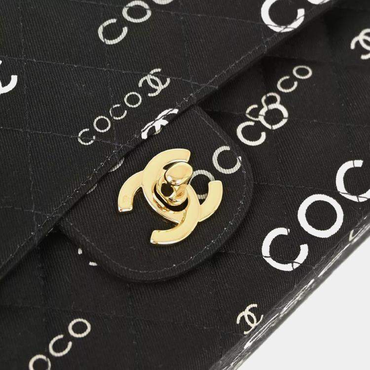 Pre Owned Chanel Black Canvas Coco Medium Classic Double Flap Shoulder Bag