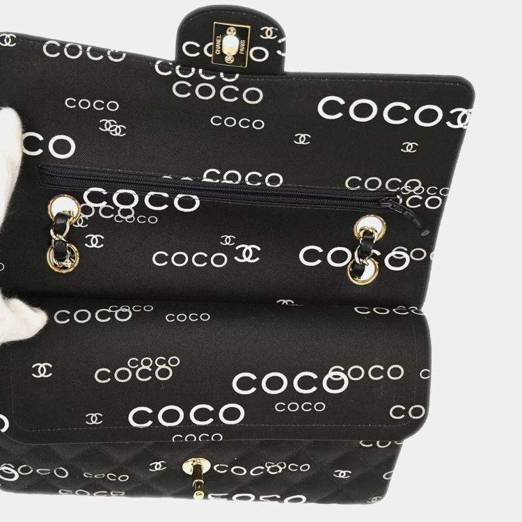 Pre Owned Chanel Black Canvas Coco Medium Classic Double Flap Shoulder Bag