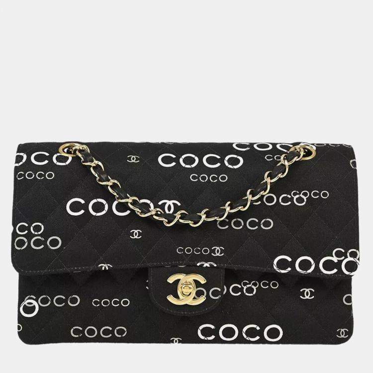 Pre Owned Chanel Black Canvas Coco Medium Classic Double Flap Shoulder Bag