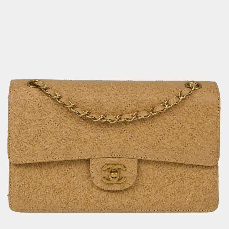Pre Owned Chanel Beige Calfskin Medium Classic Single Flap Shoulder Bag