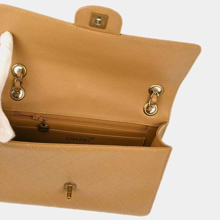 Pre Owned Chanel Beige Calfskin Medium Classic Single Flap Shoulder Bag