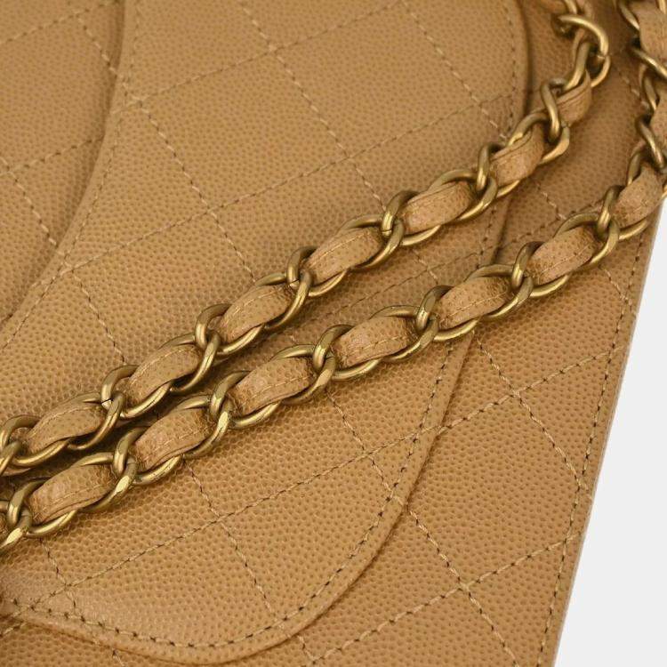 Pre Owned Chanel Beige Calfskin Medium Classic Single Flap Shoulder Bag