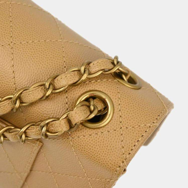 Pre Owned Chanel Beige Calfskin Medium Classic Single Flap Shoulder Bag
