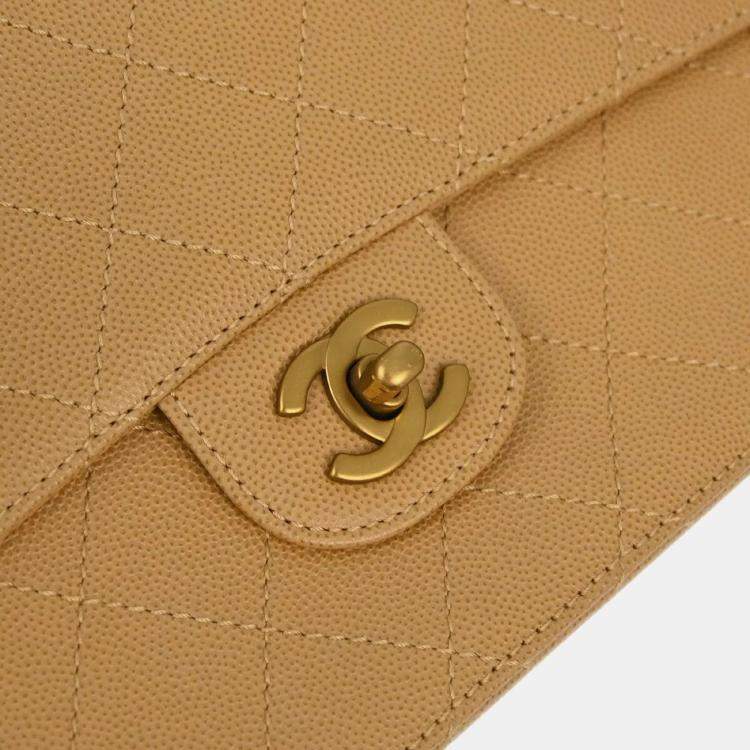 Pre Owned Chanel Beige Calfskin Medium Classic Single Flap Shoulder Bag