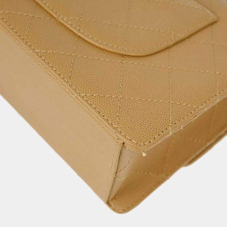Pre Owned Chanel Beige Calfskin Medium Classic Single Flap Shoulder Bag