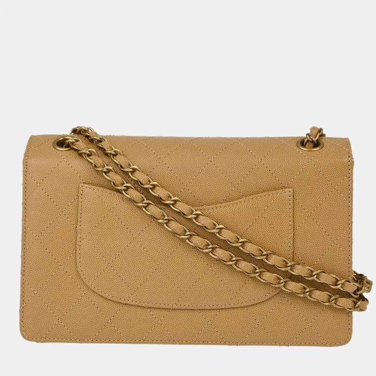 Pre Owned Chanel Beige Calfskin Medium Classic Single Flap Shoulder Bag