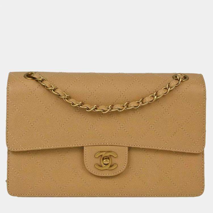 Pre Owned Chanel Beige Calfskin Medium Classic Single Flap Shoulder Bag
