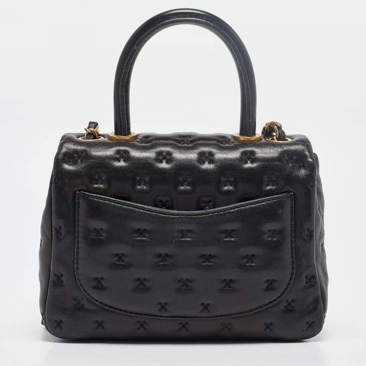 Pre Owned Chanel Black Cross Stitch Leather Mini Paris-Rome Coco Top Handle Bag
