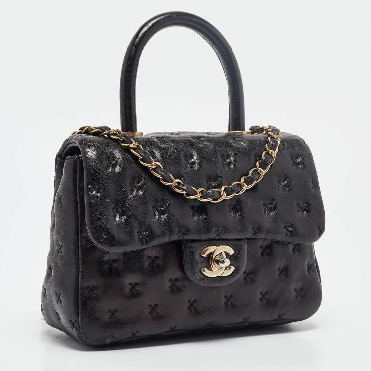 Pre Owned Chanel Black Cross Stitch Leather Mini Paris-Rome Coco Top Handle Bag