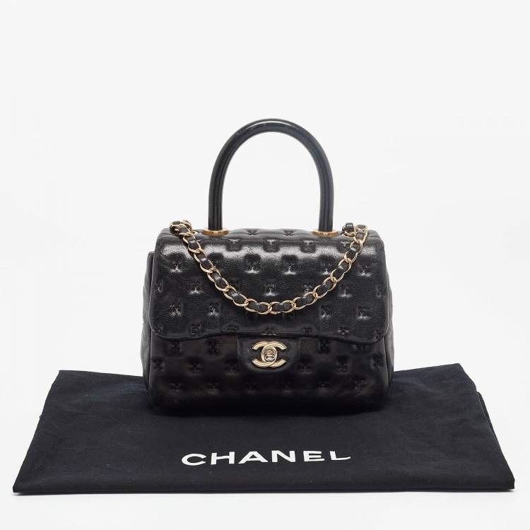 Pre Owned Chanel Black Cross Stitch Leather Mini Paris-Rome Coco Top Handle Bag