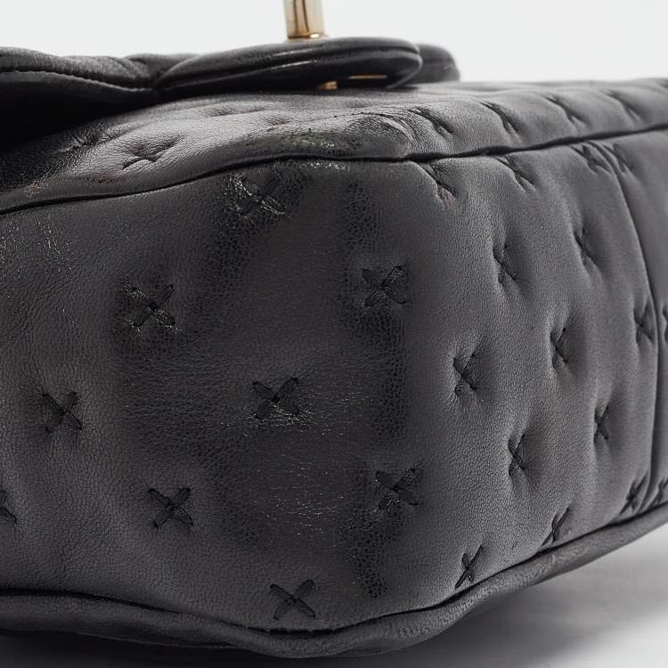 Pre Owned Chanel Black Cross Stitch Leather Mini Paris-Rome Coco Top Handle Bag