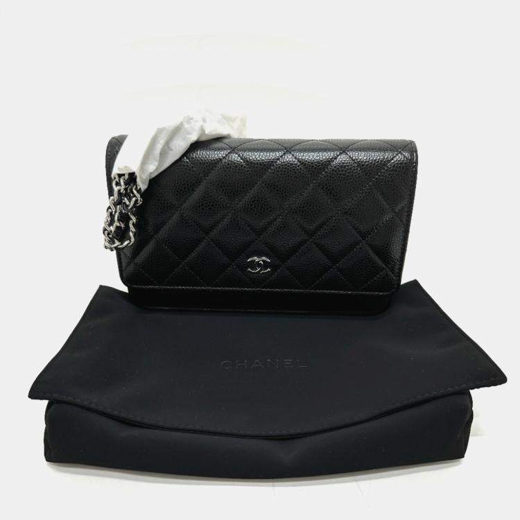 Pre Owned Chanel Black Caviar Skin Matelasse Coco Mark Classic Chain Wallet Shoulder Bag