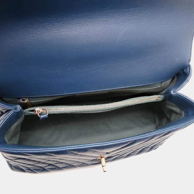 Pre Owned Chanel Calf Leather Blue V-stitch Coco Handle Chain Shoulder Bag