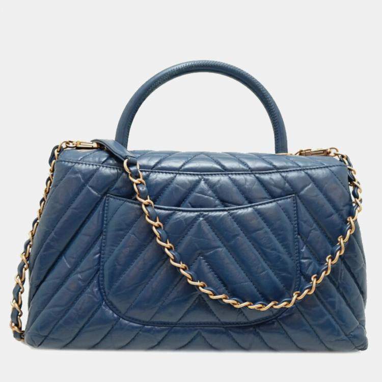 Pre Owned Chanel Calf Leather Blue V-stitch Coco Handle Chain Shoulder Bag