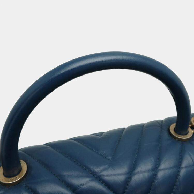 Pre Owned Chanel Calf Leather Blue V-stitch Coco Handle Chain Shoulder Bag