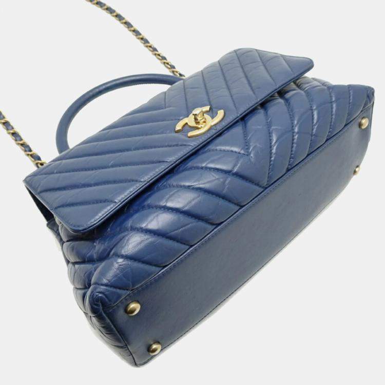 Pre Owned Chanel Calf Leather Blue V-stitch Coco Handle Chain Shoulder Bag