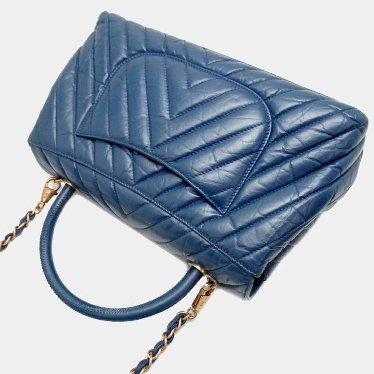 Pre Owned Chanel Calf Leather Blue V-stitch Coco Handle Chain Shoulder Bag