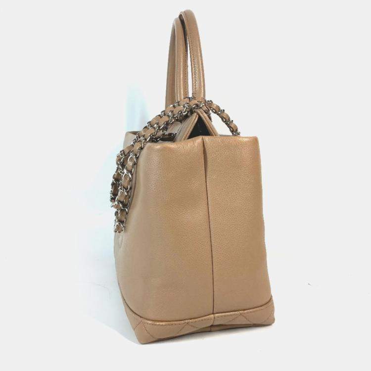 Pre Owned Chanel Caviar Skin Beige CC Coco Mark Tote Bag