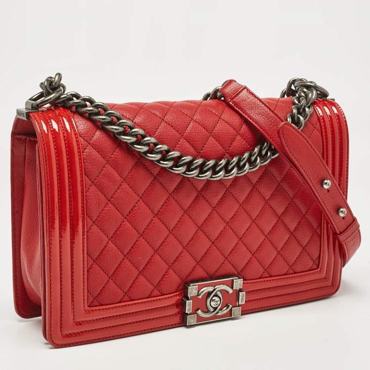 Pre Owned Chanel Red Quilted Patent and Leather New Medium Boy Bag