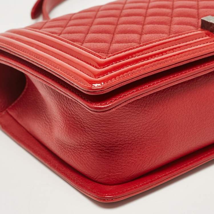 Pre Owned Chanel Red Quilted Patent and Leather New Medium Boy Bag