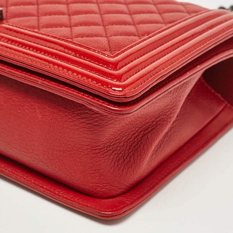 Pre Owned Chanel Red Quilted Patent and Leather New Medium Boy Bag