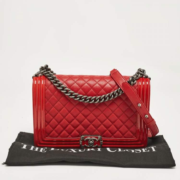 Pre Owned Chanel Red Quilted Patent and Leather New Medium Boy Bag