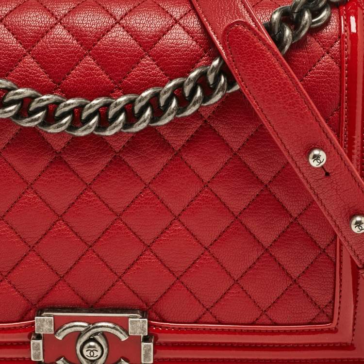 Pre Owned Chanel Red Quilted Patent and Leather New Medium Boy Bag