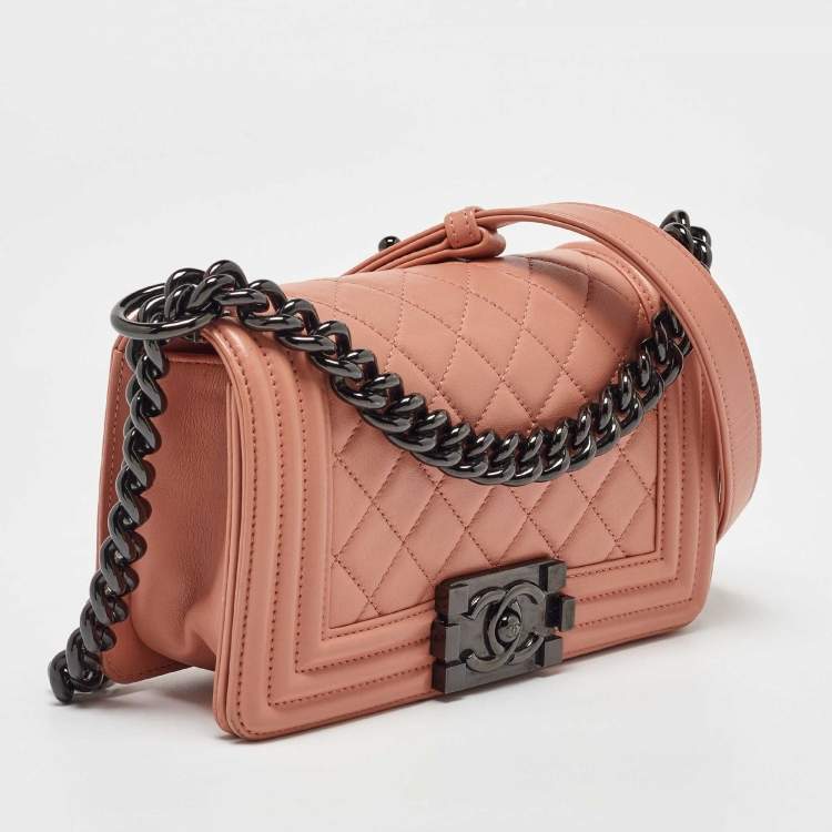 Pre Owned Chanel Peach Quilted Leather Small Boy Flap Bag