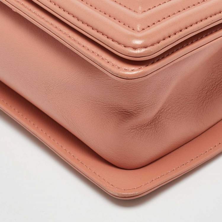 Pre Owned Chanel Peach Quilted Leather Small Boy Flap Bag