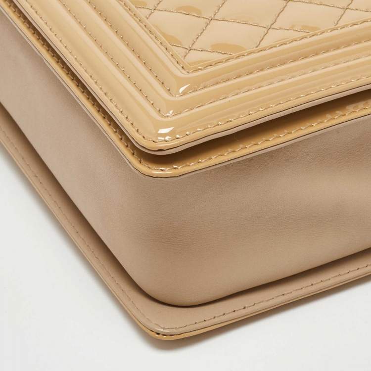 Pre Owned Chanel Beige Quilted Patent Leather Large Boy Flap Bag