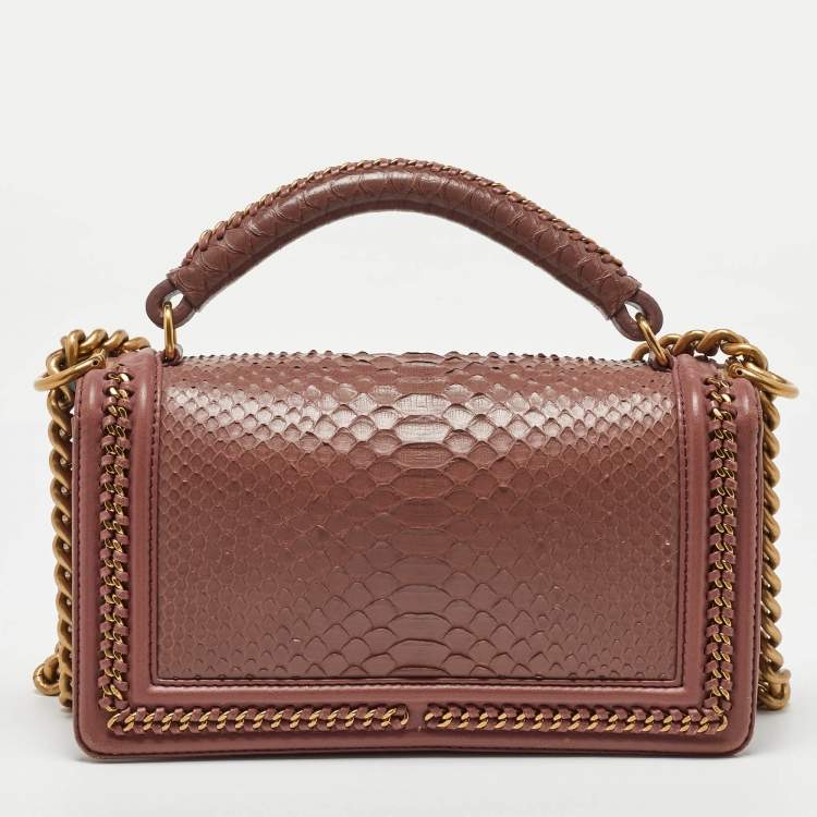 Pre Owned Chanel Rose Pink Python Medium Boy Flap Top Handle Bag