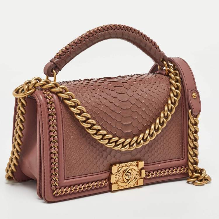 Pre Owned Chanel Rose Pink Python Medium Boy Flap Top Handle Bag