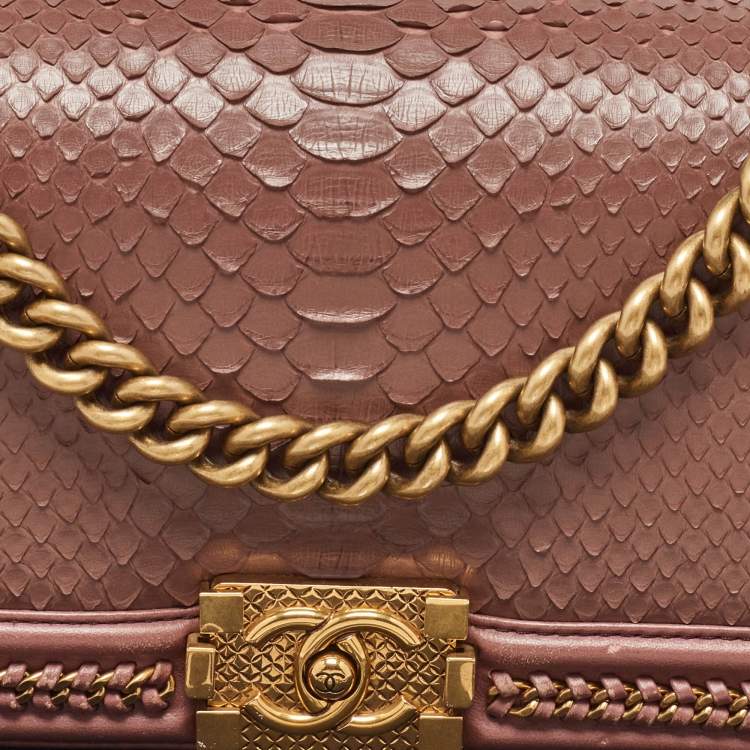 Pre Owned Chanel Rose Pink Python Medium Boy Flap Top Handle Bag