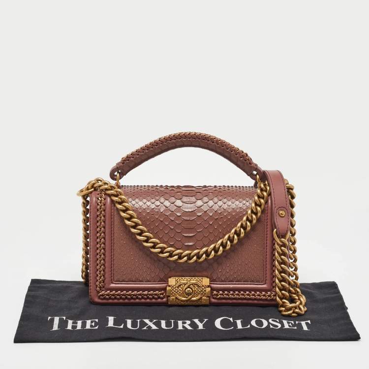 Pre Owned Chanel Rose Pink Python Medium Boy Flap Top Handle Bag