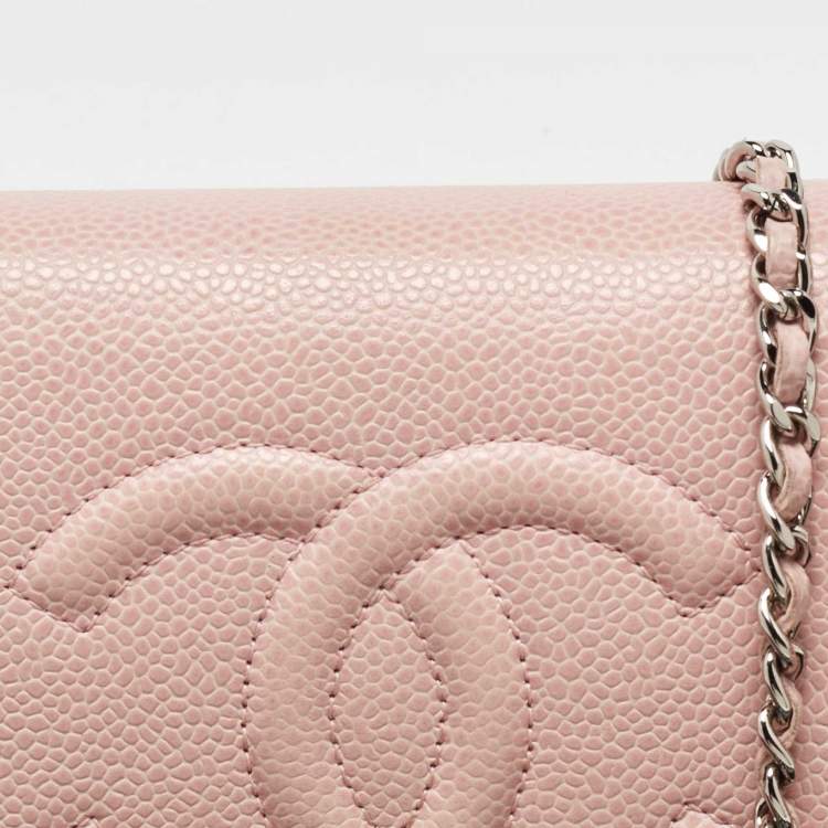 Pre Owned Chanel Light Pink Caviar Leather Timeless CC Wallet On Chain