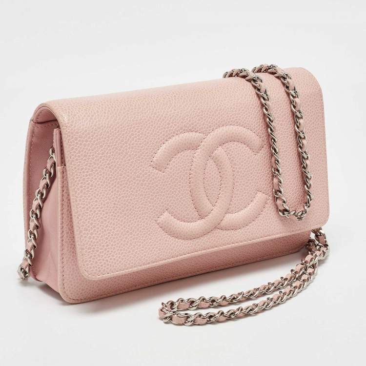 Pre Owned Chanel Light Pink Caviar Leather Timeless CC Wallet On Chain