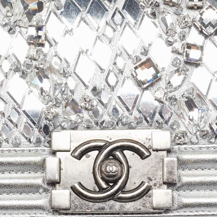Pre Owned Chanel Silver Leather Small Crystals Embellished Boy Flap Bag