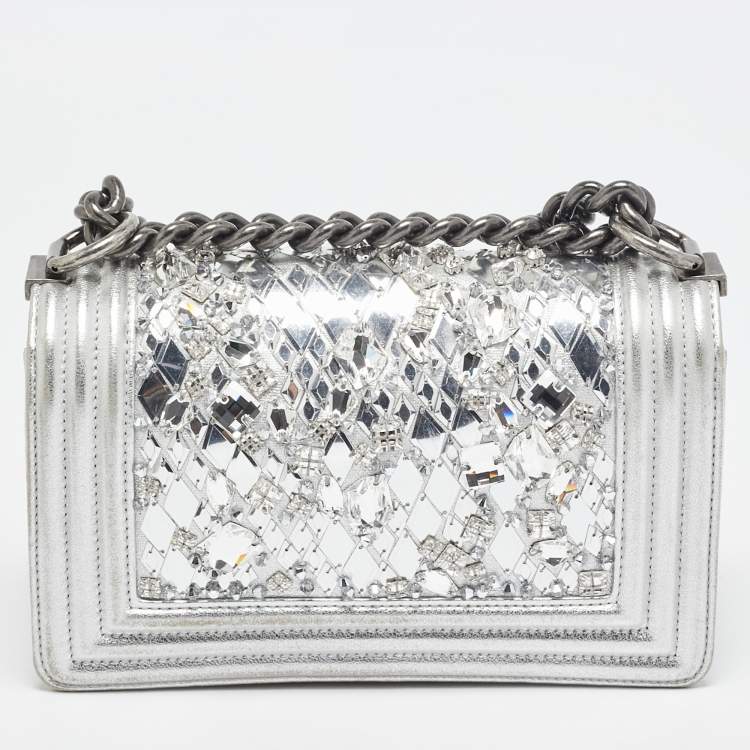 Pre Owned Chanel Silver Leather Small Crystals Embellished Boy Flap Bag