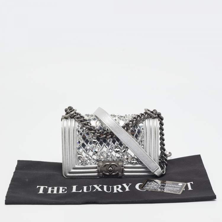 Pre Owned Chanel Silver Leather Small Crystals Embellished Boy Flap Bag