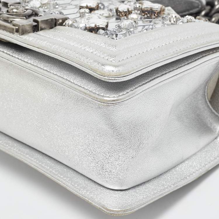 Pre Owned Chanel Silver Leather Small Crystals Embellished Boy Flap Bag