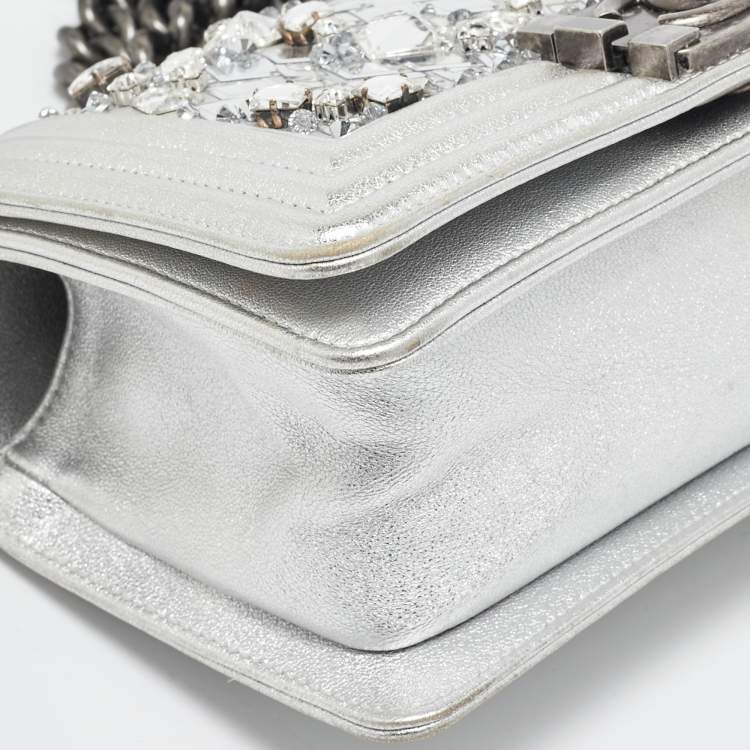 Pre Owned Chanel Silver Leather Small Crystals Embellished Boy Flap Bag