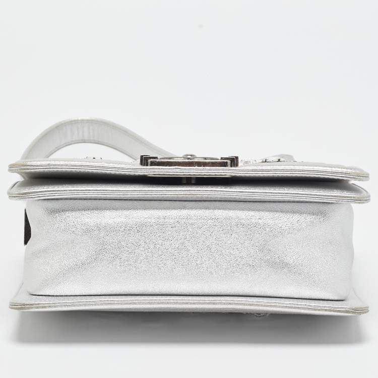 Pre Owned Chanel Silver Leather Small Crystals Embellished Boy Flap Bag