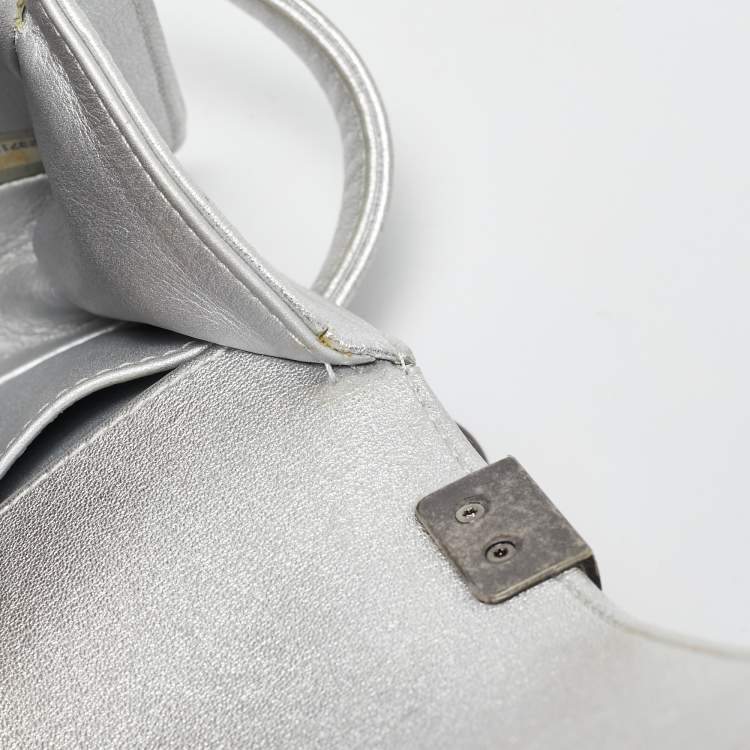 Pre Owned Chanel Silver Leather Small Crystals Embellished Boy Flap Bag