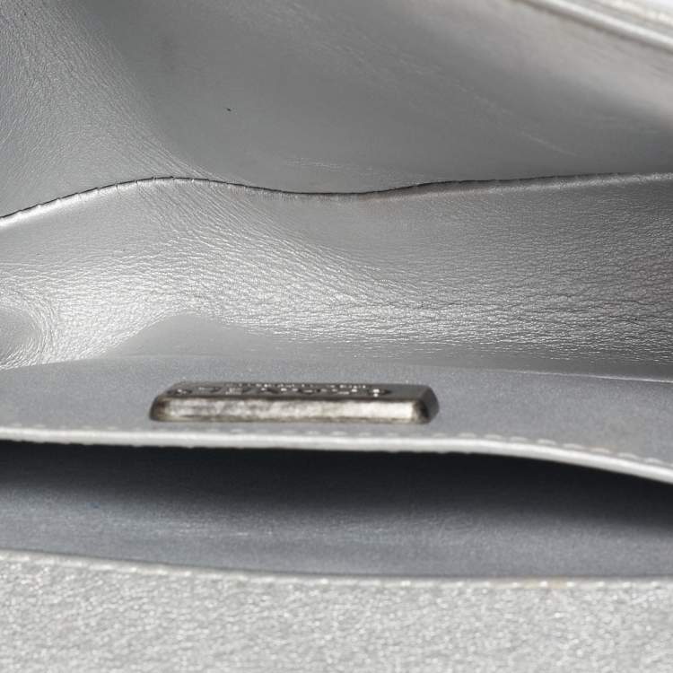 Pre Owned Chanel Silver Leather Small Crystals Embellished Boy Flap Bag