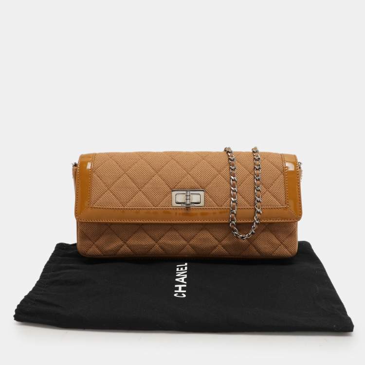 Pre Owned Chanel Beige Jersey and Patent Leather Reissue E/W Flap Bag