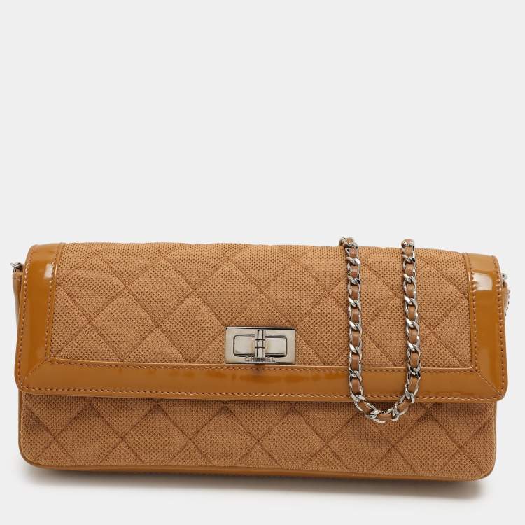 Pre Owned Chanel Beige Jersey and Patent Leather Reissue E/W Flap Bag