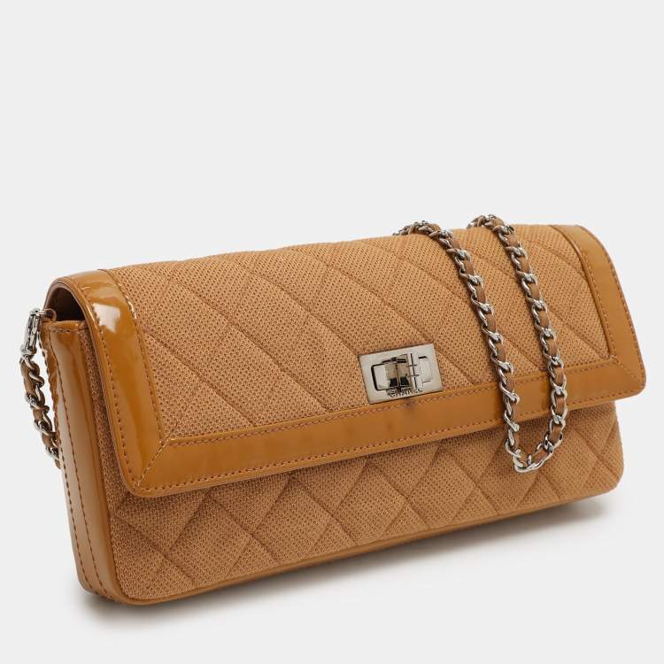 Pre Owned Chanel Beige Jersey and Patent Leather Reissue E/W Flap Bag
